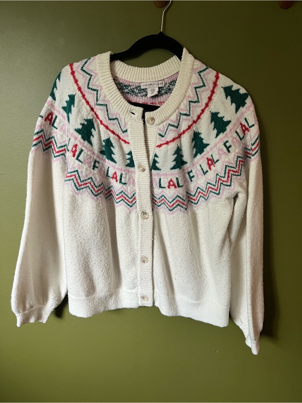 Sincerely Jules White Holiday Cardigan with Green Trees & Pink Accents